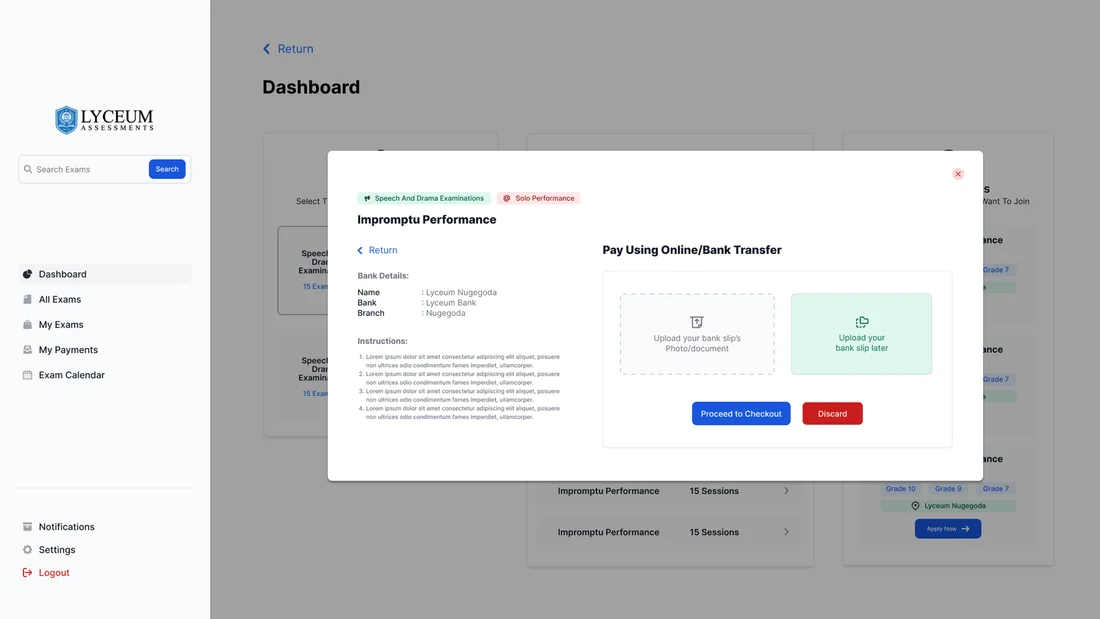 LYA Exam Portal - Bank transfer